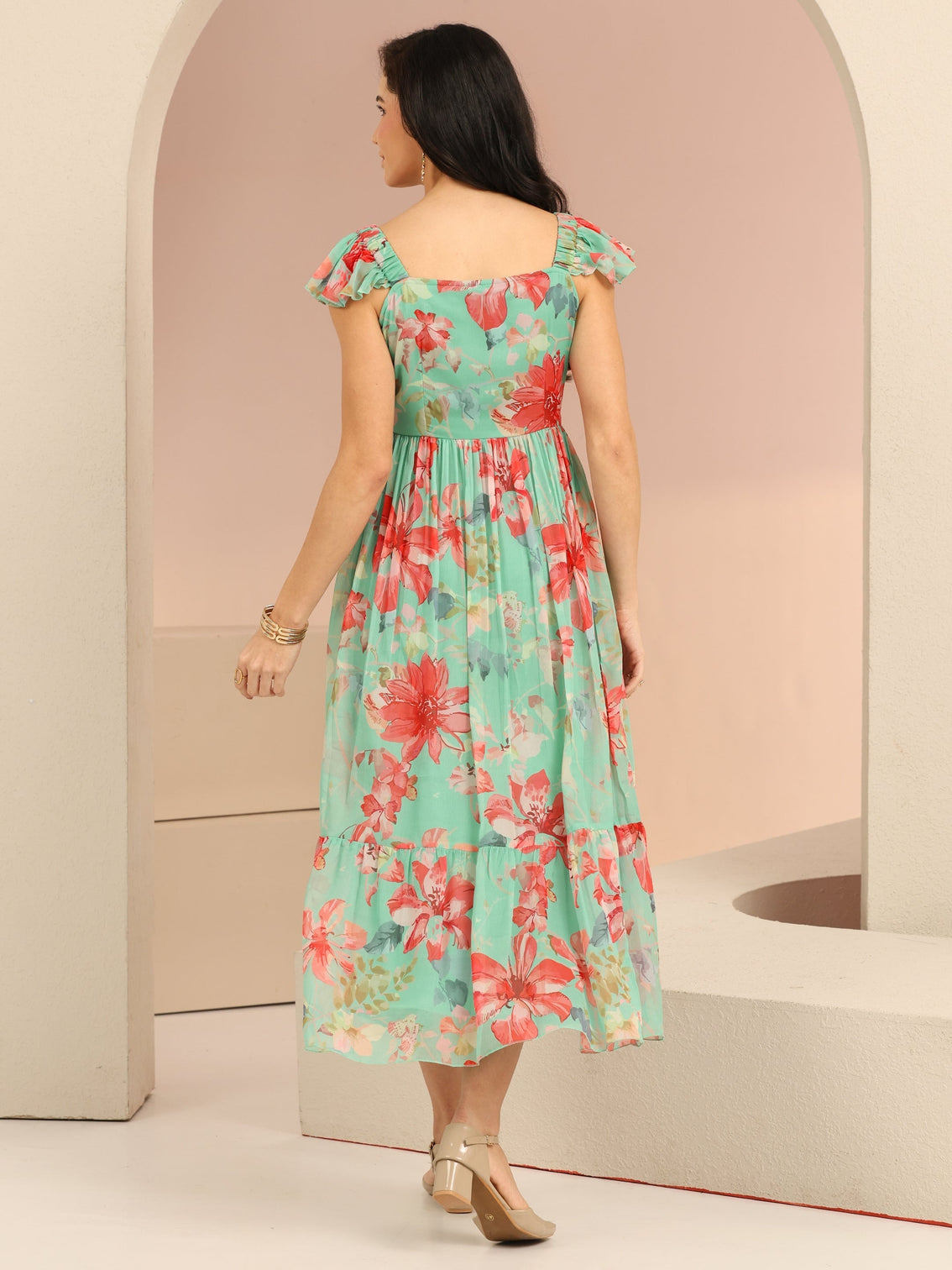 Mameraa Mint Green Floral Printed Chiffon A-Line Dress