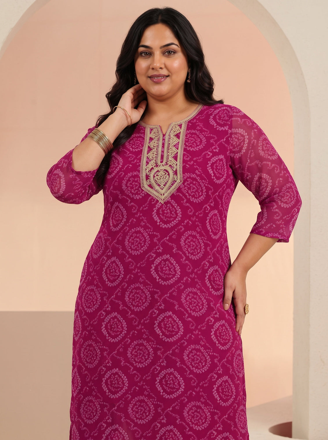 Plus Size Rani Pink Bandhani Printed Chiffon Straight Kurta