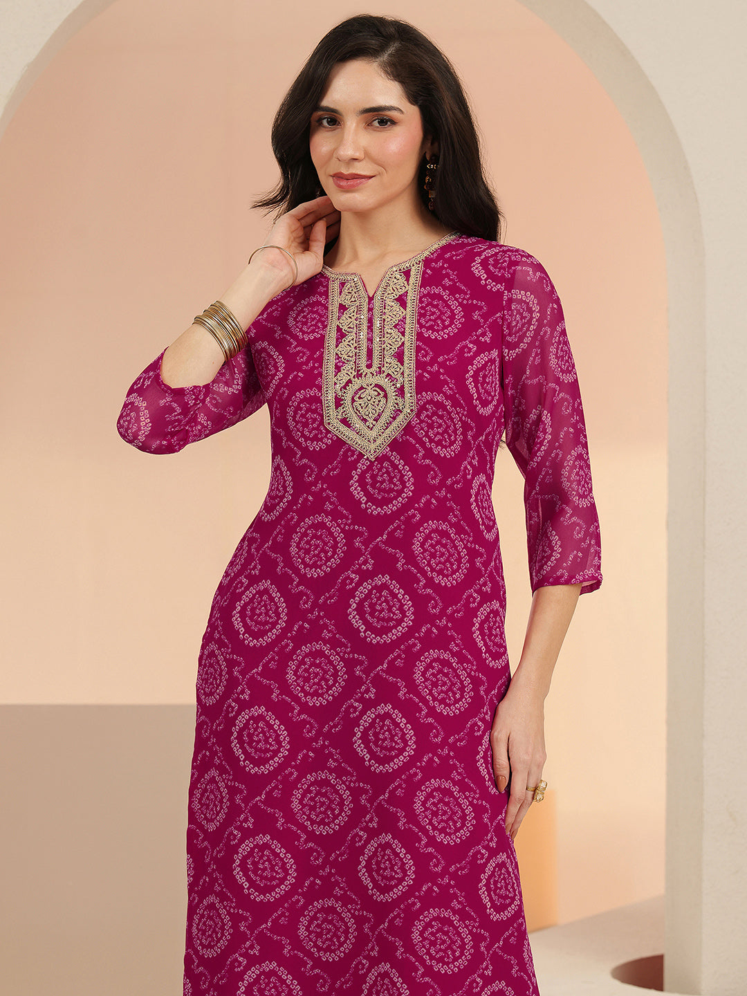 Mameraa Rani Pink Bandhani Printed Chiffon Straight Kurta