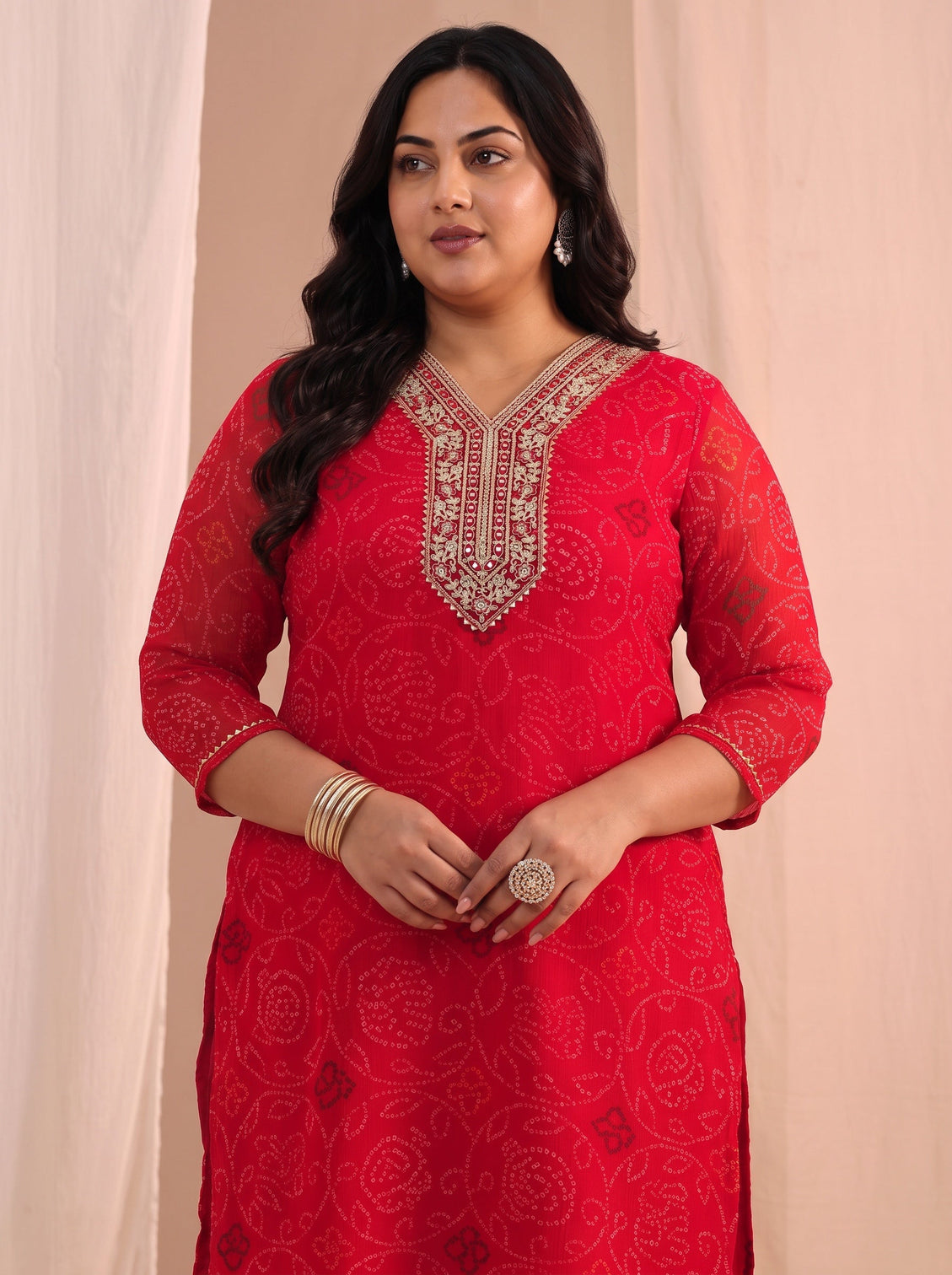 Plus Size Red Bandhani Printed Chiffon Straight Kurta