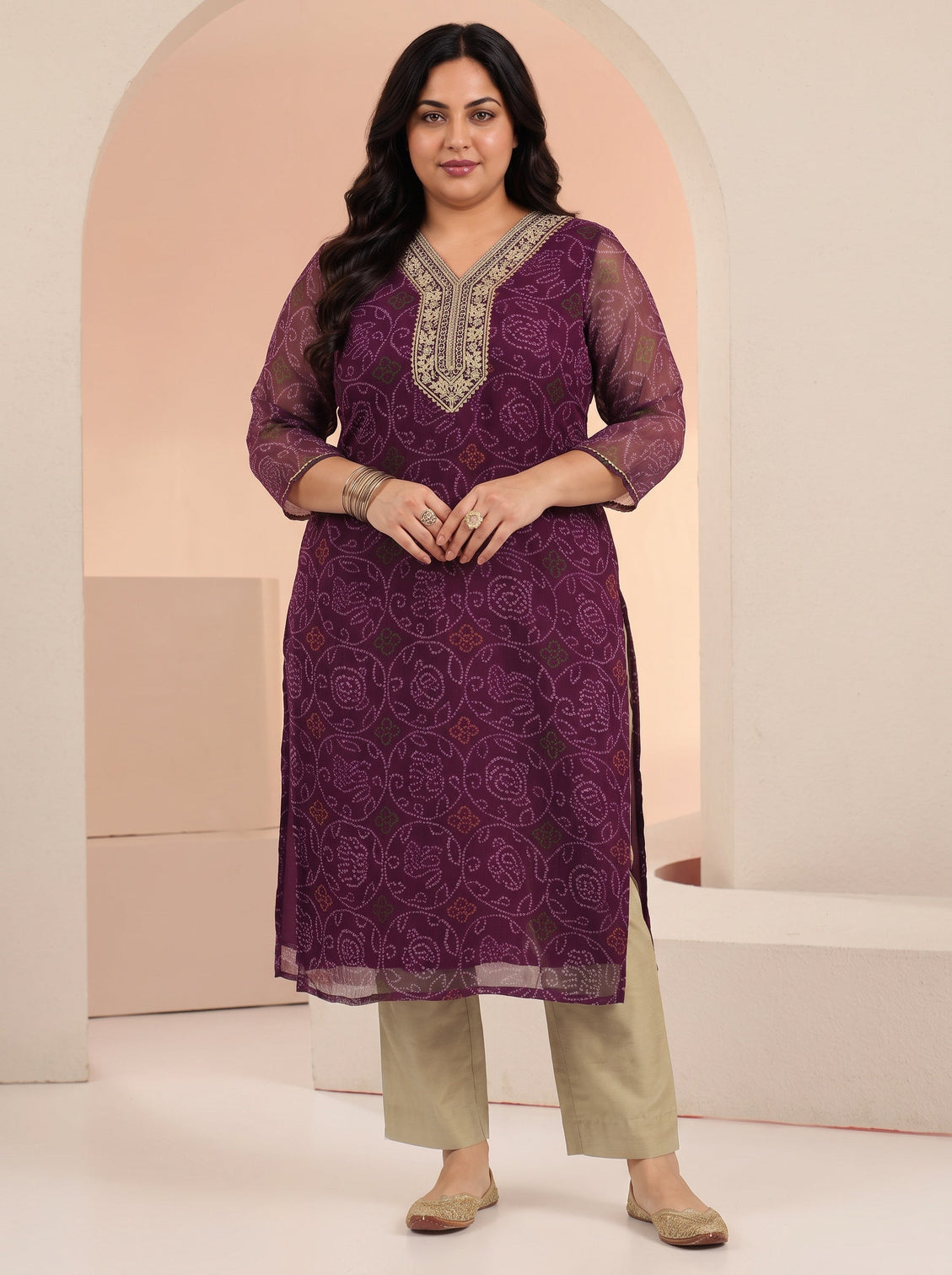 Plus Size Burgundy Bandhani Printed Chiffon Straight Kurta