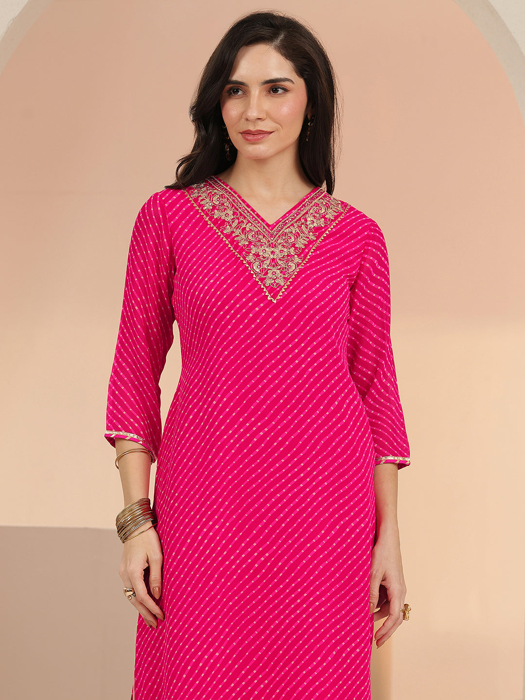 Mameraa Hot Pink Leheriya Printed Chiffon Straight Kurta