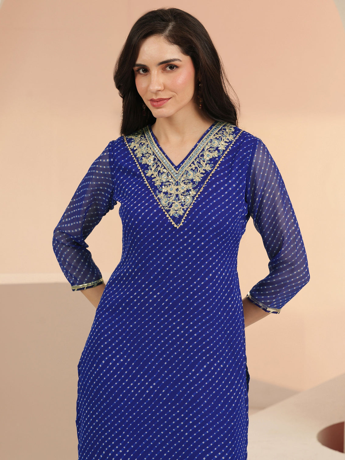 Mameraa Cobalt Blue Printed Chiffon Straight Kurta