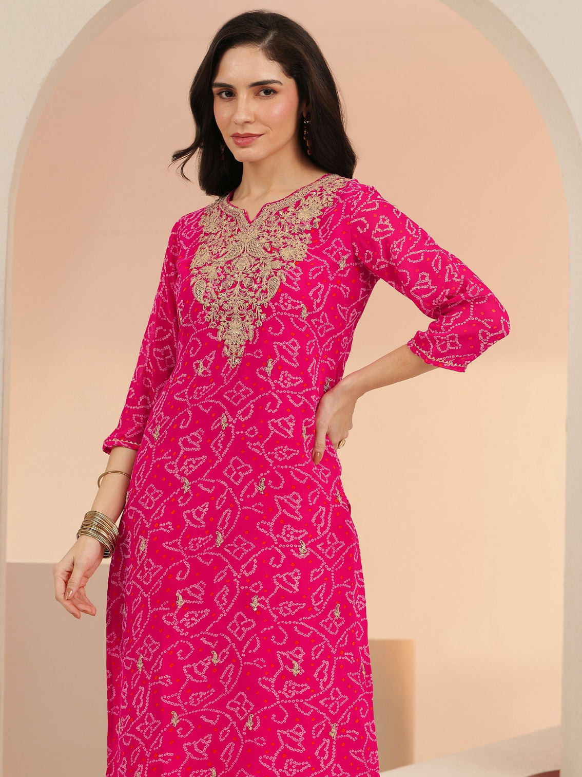 Mameraa Fuchsia Pink Bandhani Printed Chiffon Straight Kurta