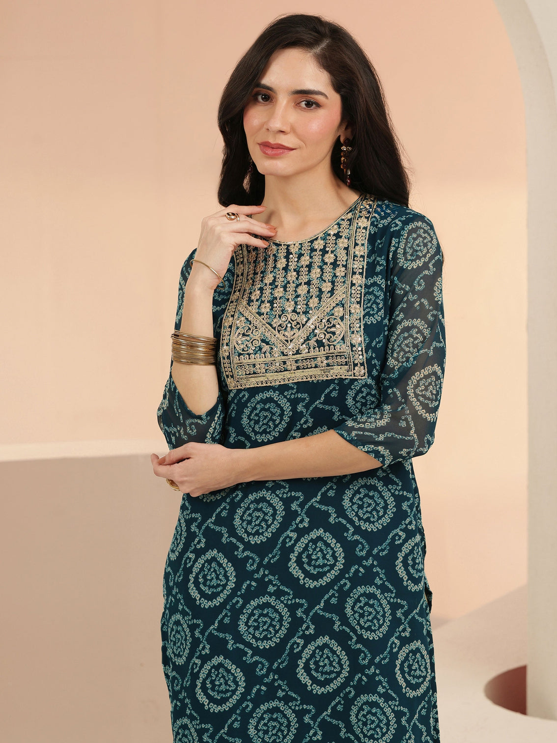 Mameraa Teal Blue Bandhani Printed Chiffon Straight Kurta