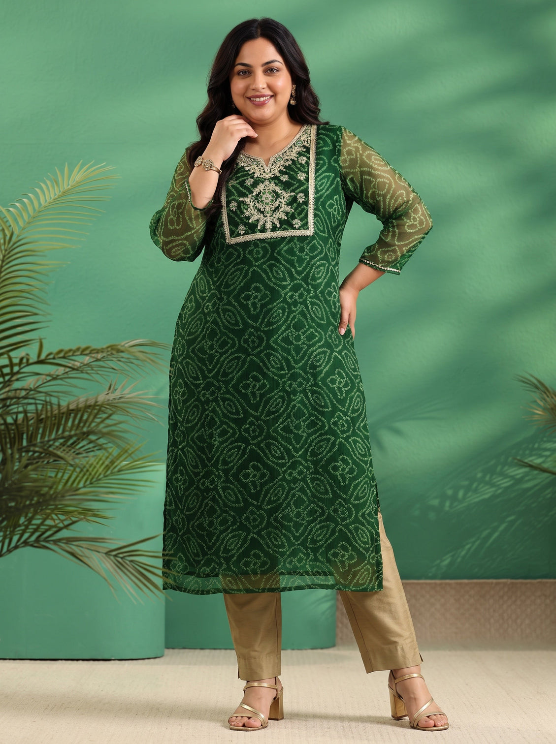 Plus Size Moss Green Bandhani Printed Chiffon Straight Kurta