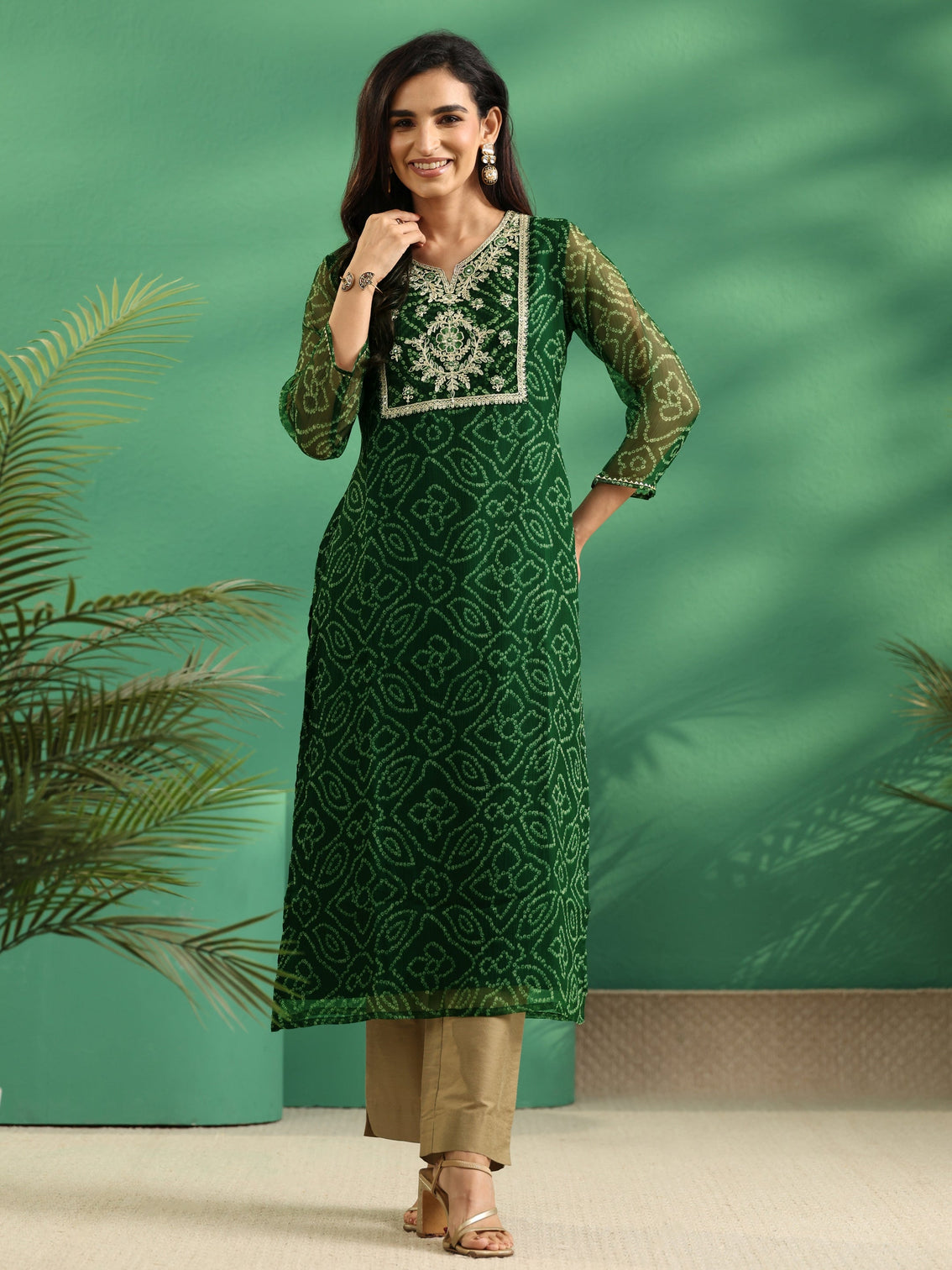 Mameraa Moss Green Bandhani Printed Chiffon Straight Kurta