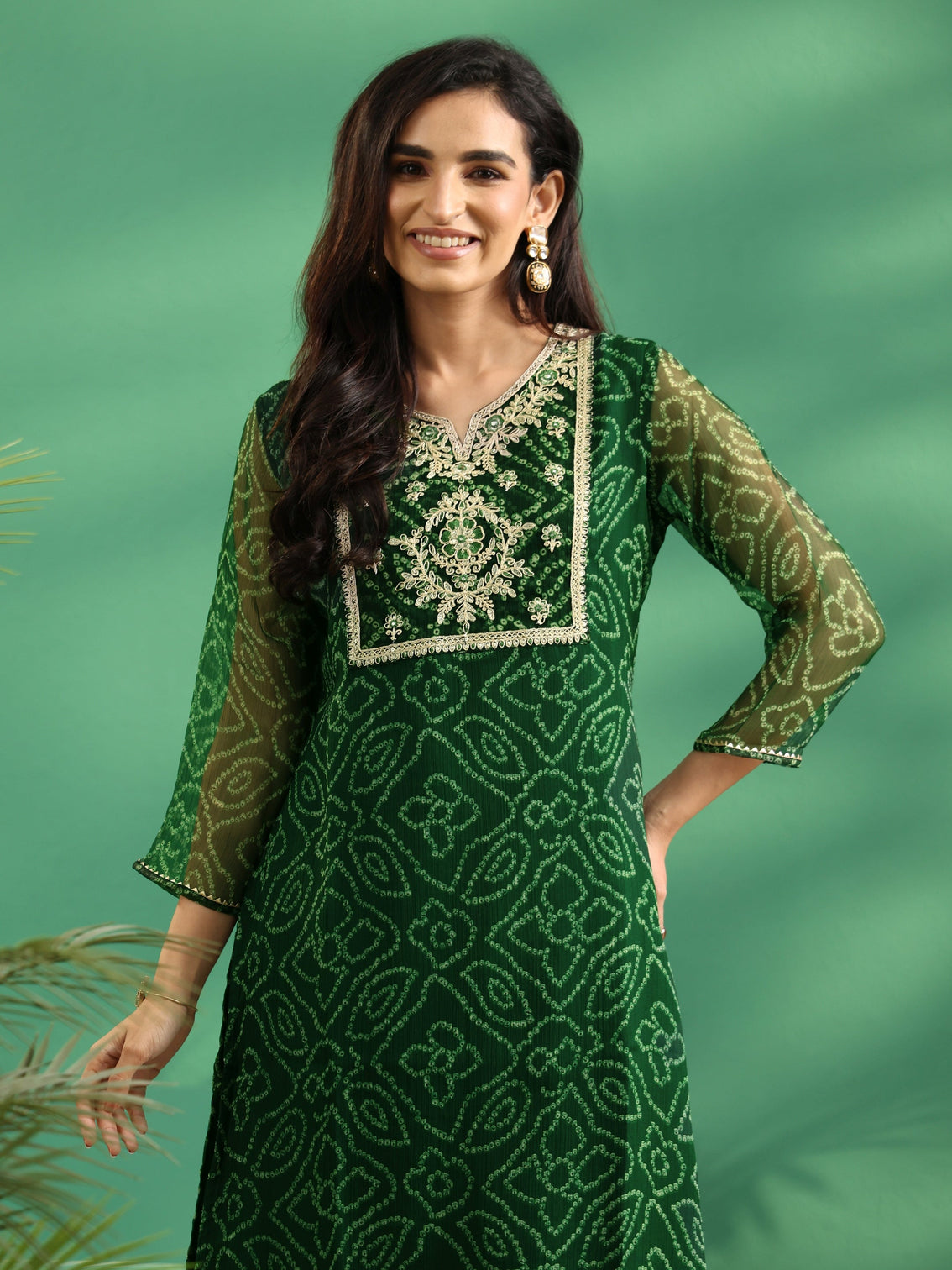 Mameraa Moss Green Bandhani Printed Chiffon Straight Kurta