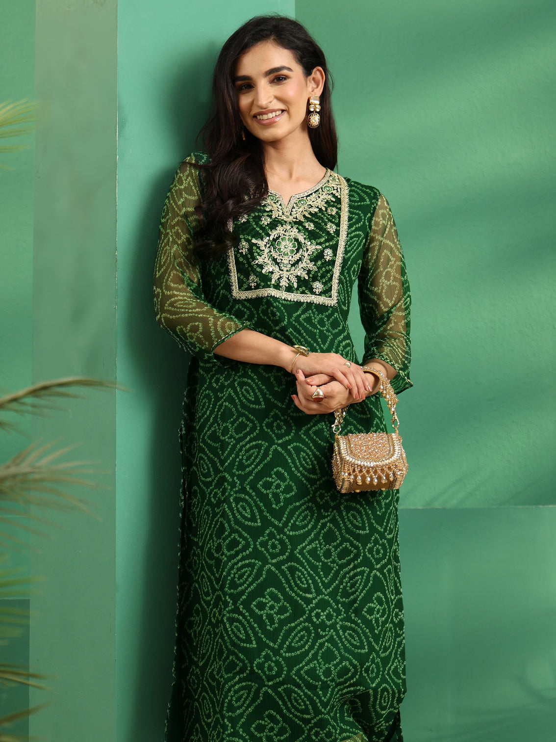 Mameraa Moss Green Bandhani Printed Chiffon Straight Kurta
