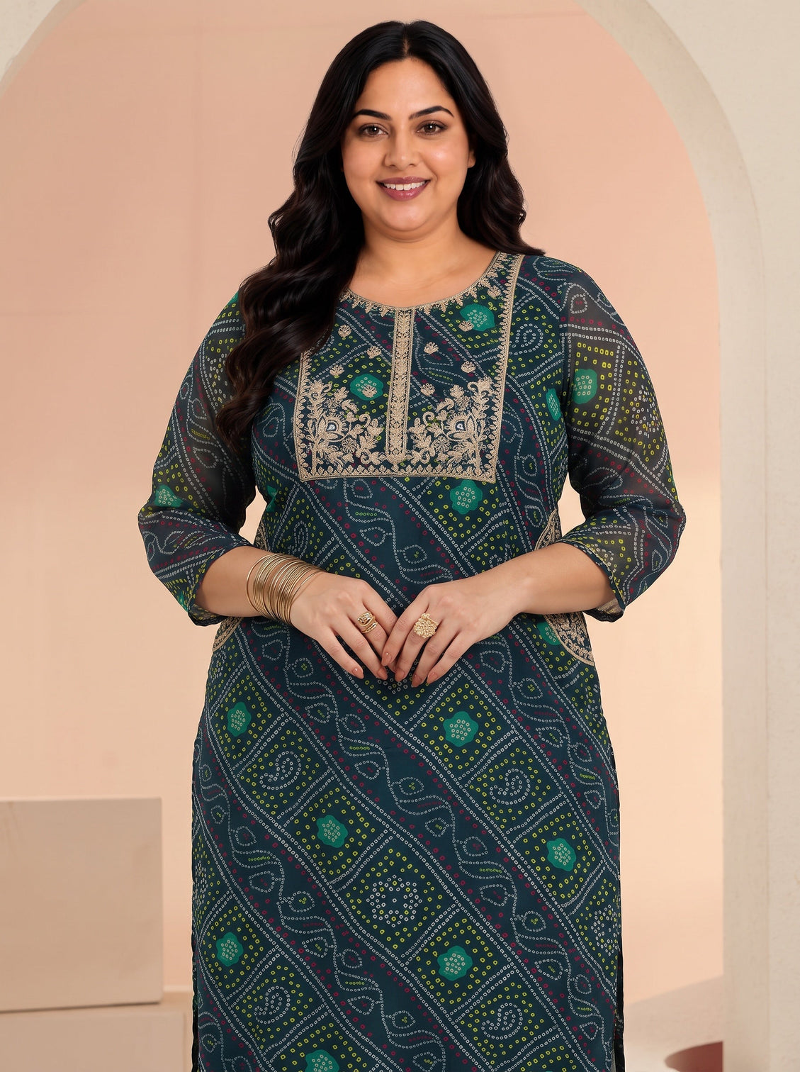 Plus Size Teal Blue Bandhani Printed Chiffon Straight Kurta