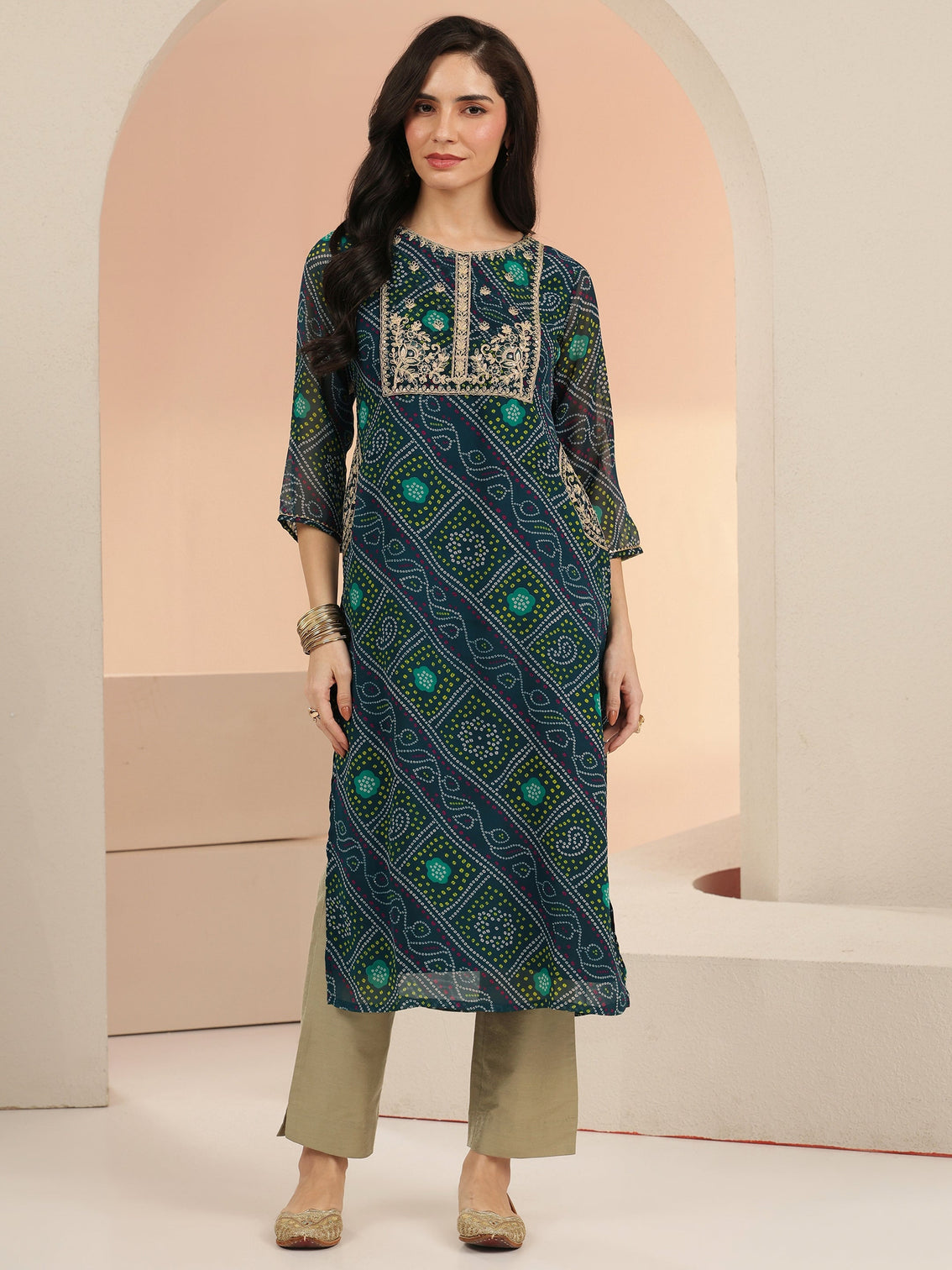 Mameraa Teal Blue Bandhani Printed Chiffon Straight Kurta