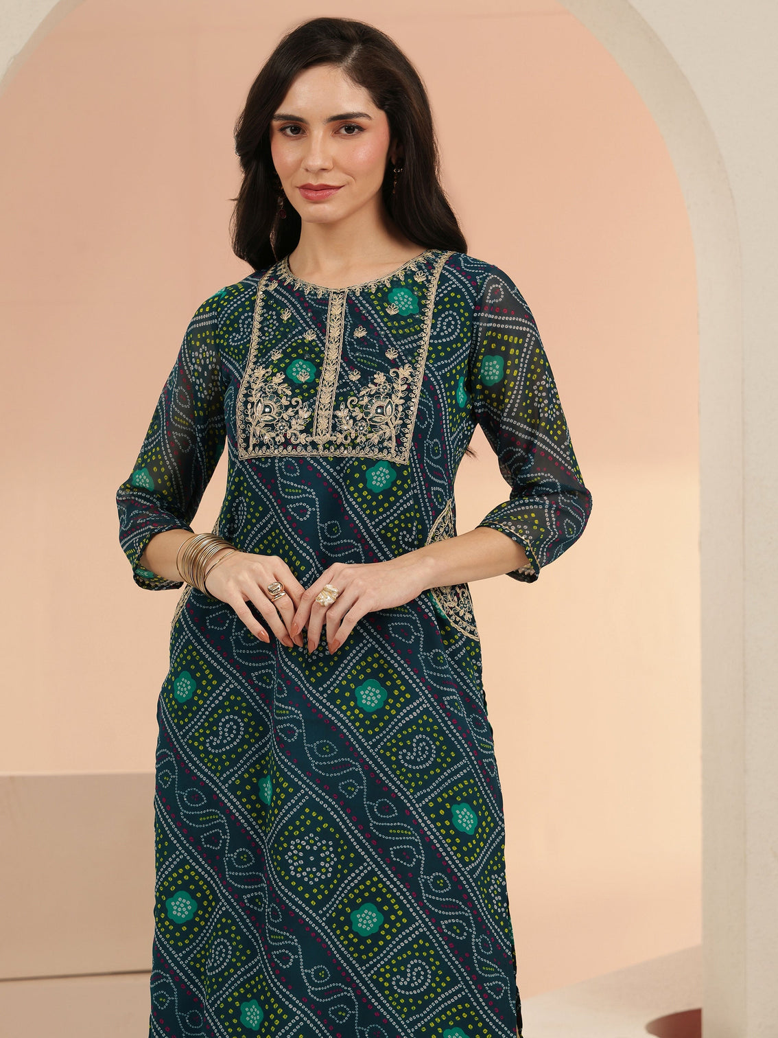 Mameraa Teal Blue Bandhani Printed Chiffon Straight Kurta