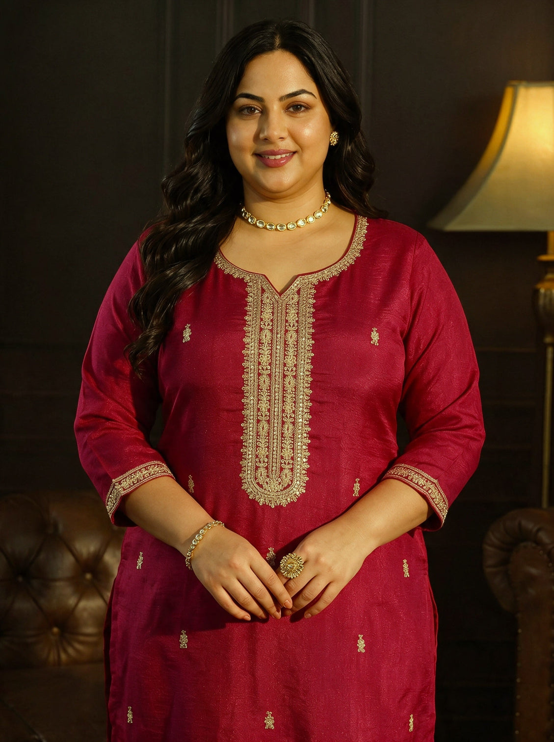 Plus Size Ruby Red Yoke Embroidered Silk Blend Straight Kurta