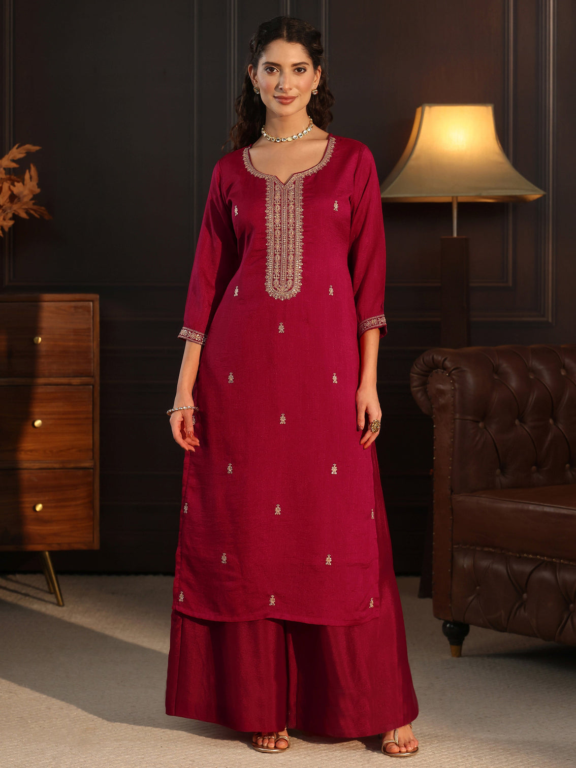 Mameraa Ruby Red Yoke Embroidered Silk Blend Straight Kurta