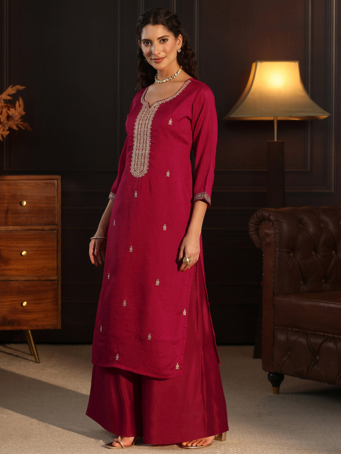 Mameraa Ruby Red Yoke Embroidered Silk Blend Straight Kurta