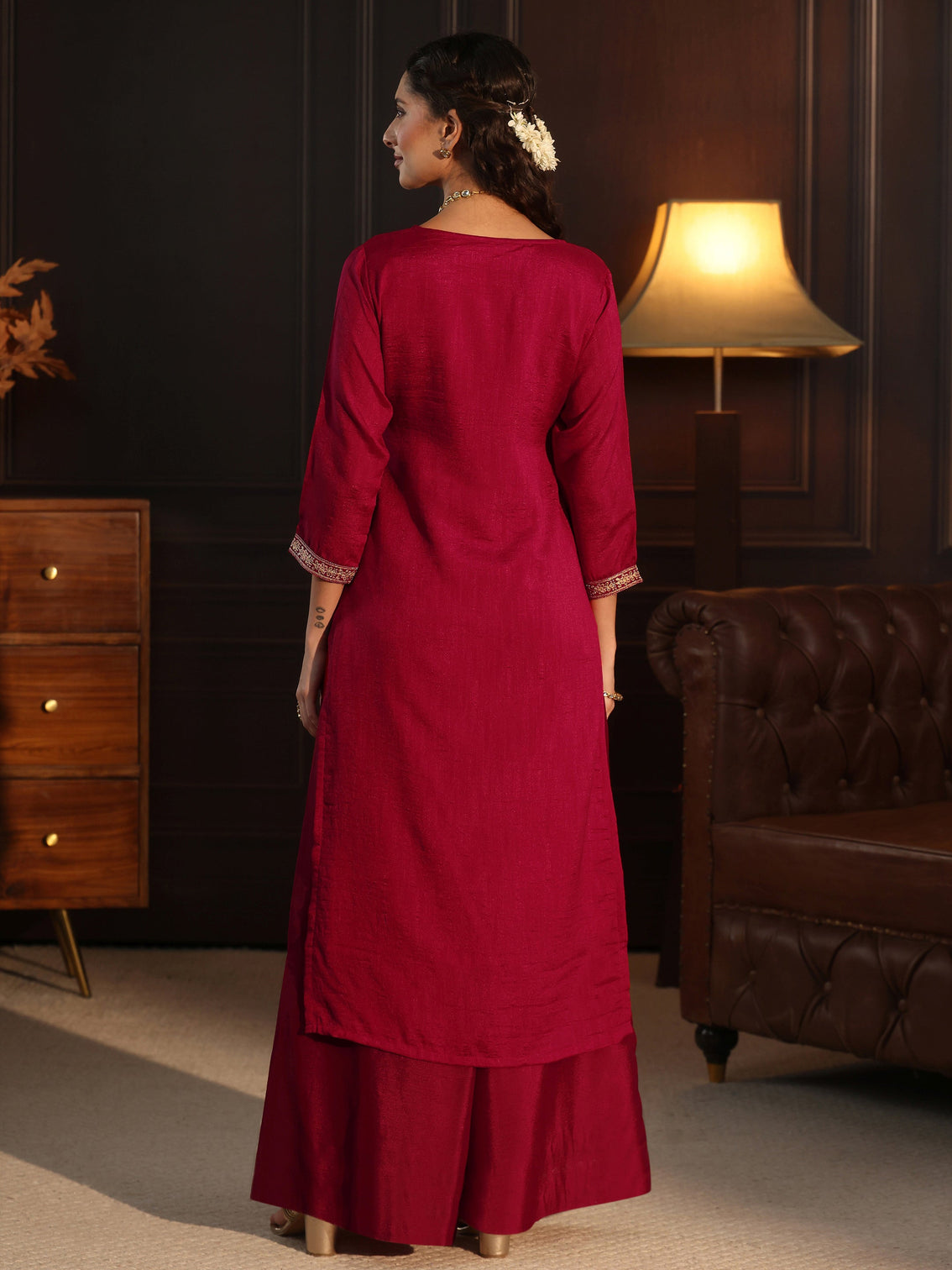 Mameraa Ruby Red Yoke Embroidered Silk Blend Straight Kurta