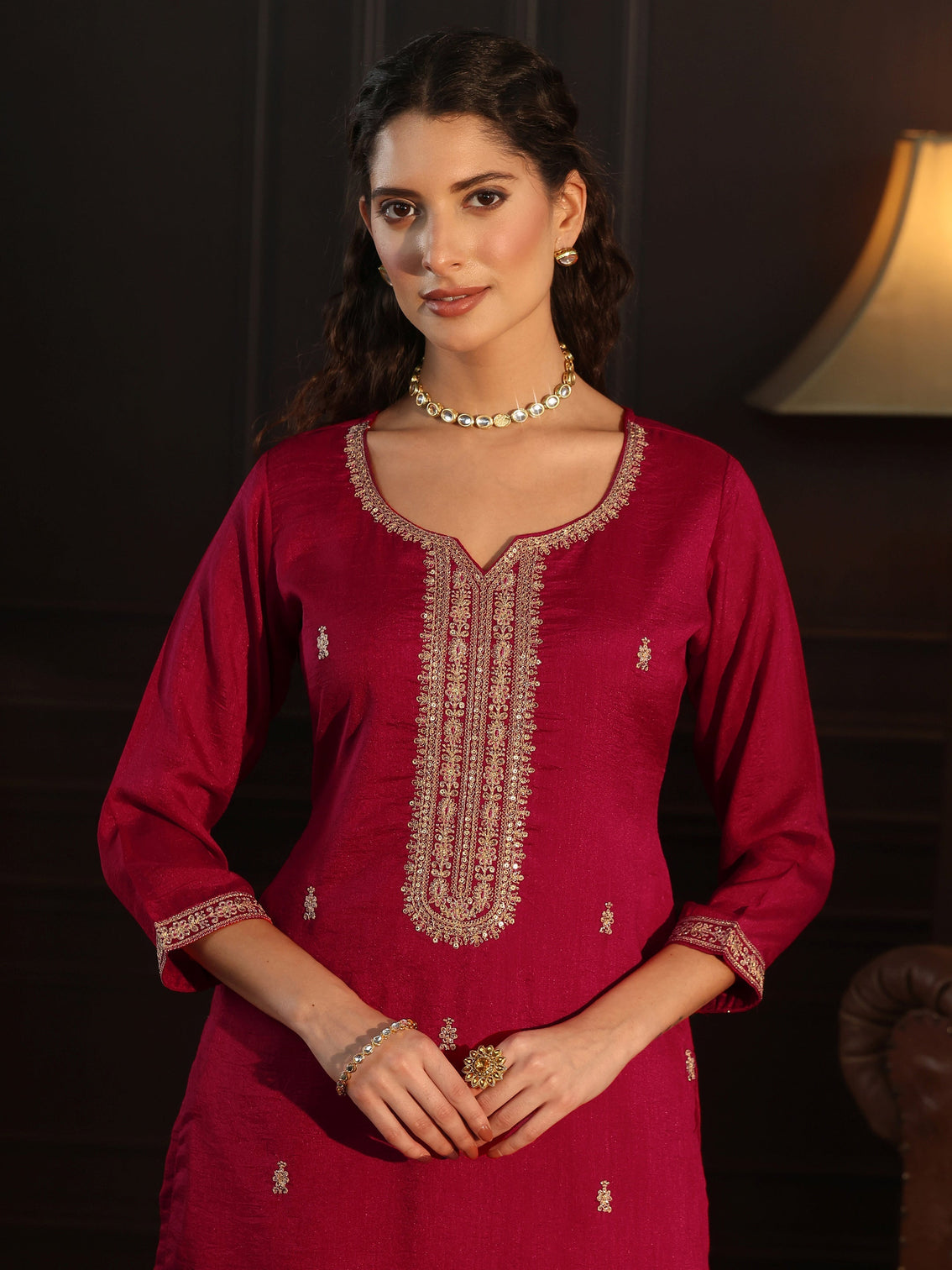 Mameraa Ruby Red Yoke Embroidered Silk Blend Straight Kurta