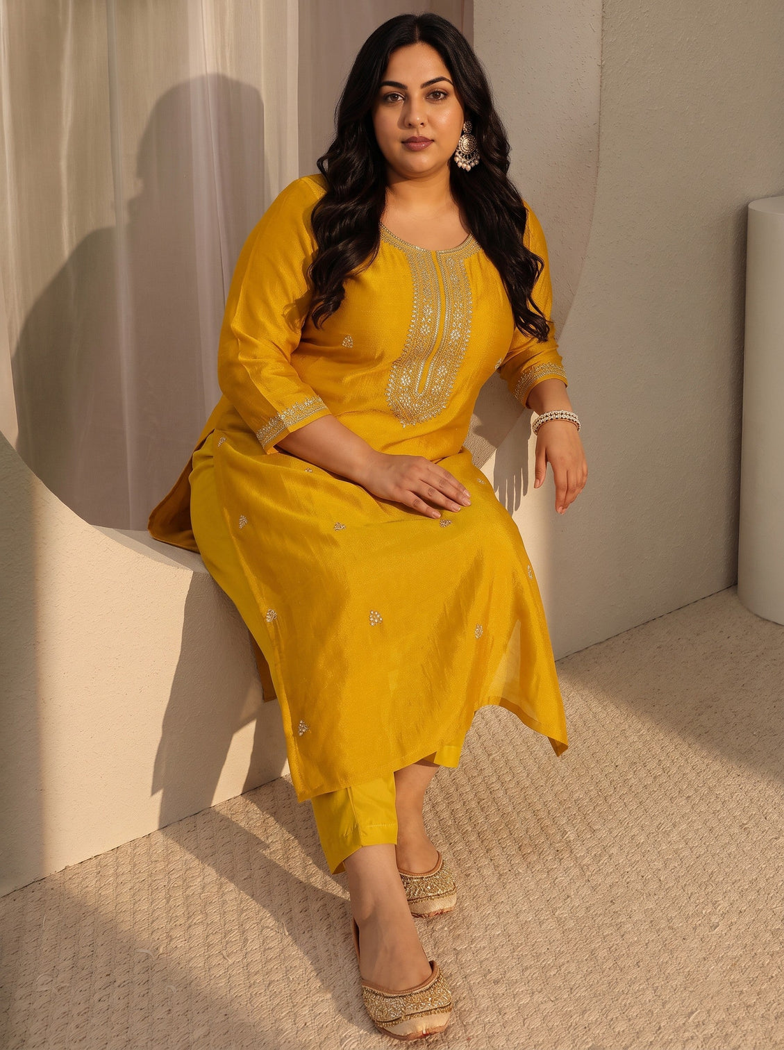 Plus Size Mustard Ethnic Embroidered Silk Blend Straight Kurta