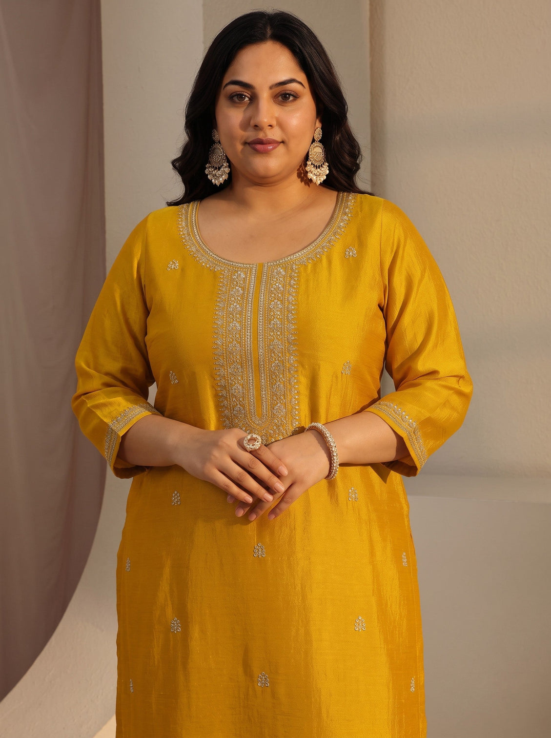 Plus Size Mustard Ethnic Embroidered Silk Blend Straight Kurta