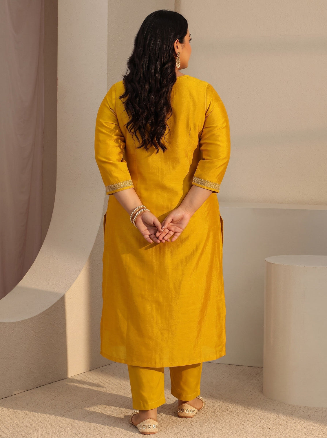 Plus Size Mustard Ethnic Embroidered Silk Blend Straight Kurta