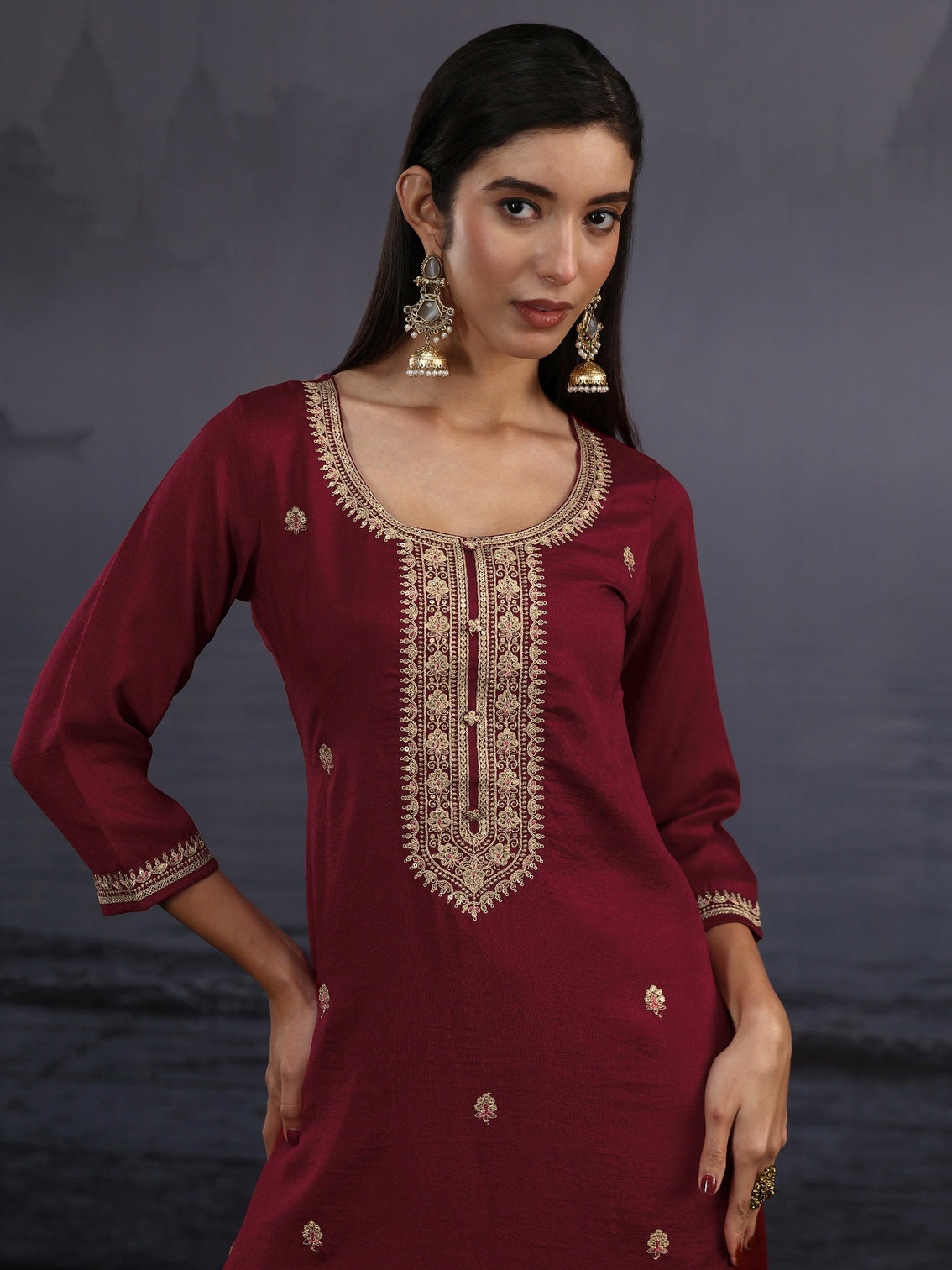 Mameraa Maroon Yoke Embroidered Silk Blend Straight Kurta