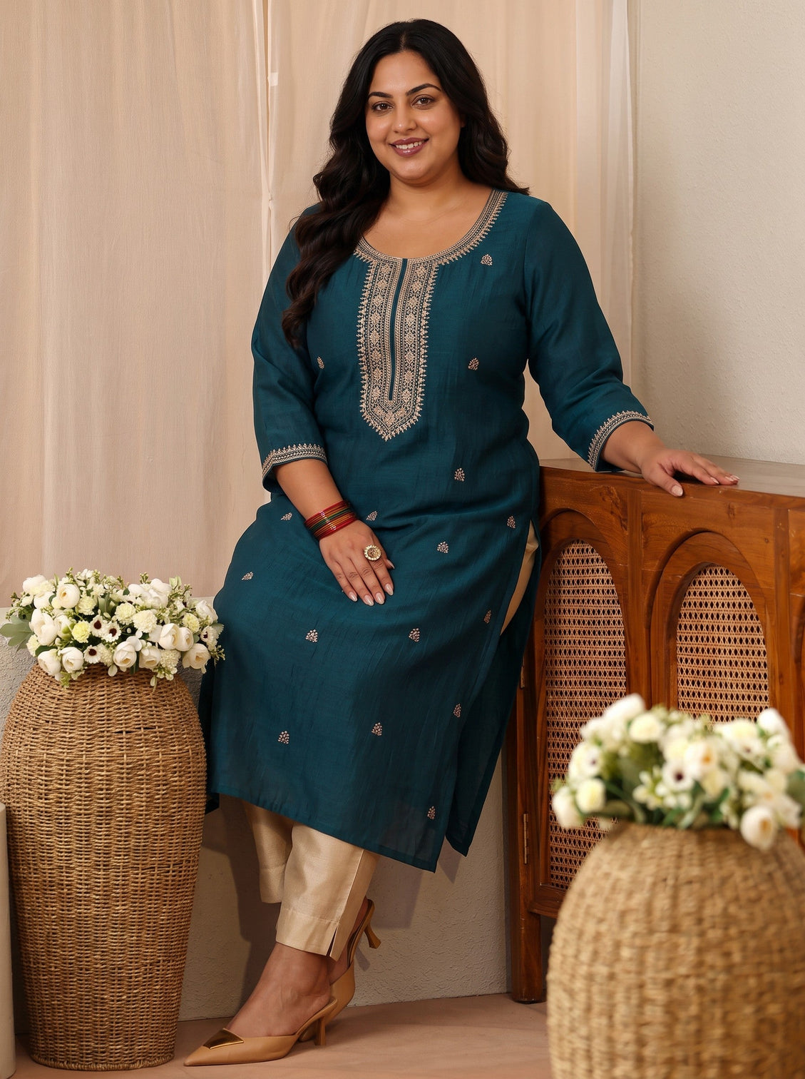 Plus Size Teal Green Embroidered Silk Blend Straight Kurta