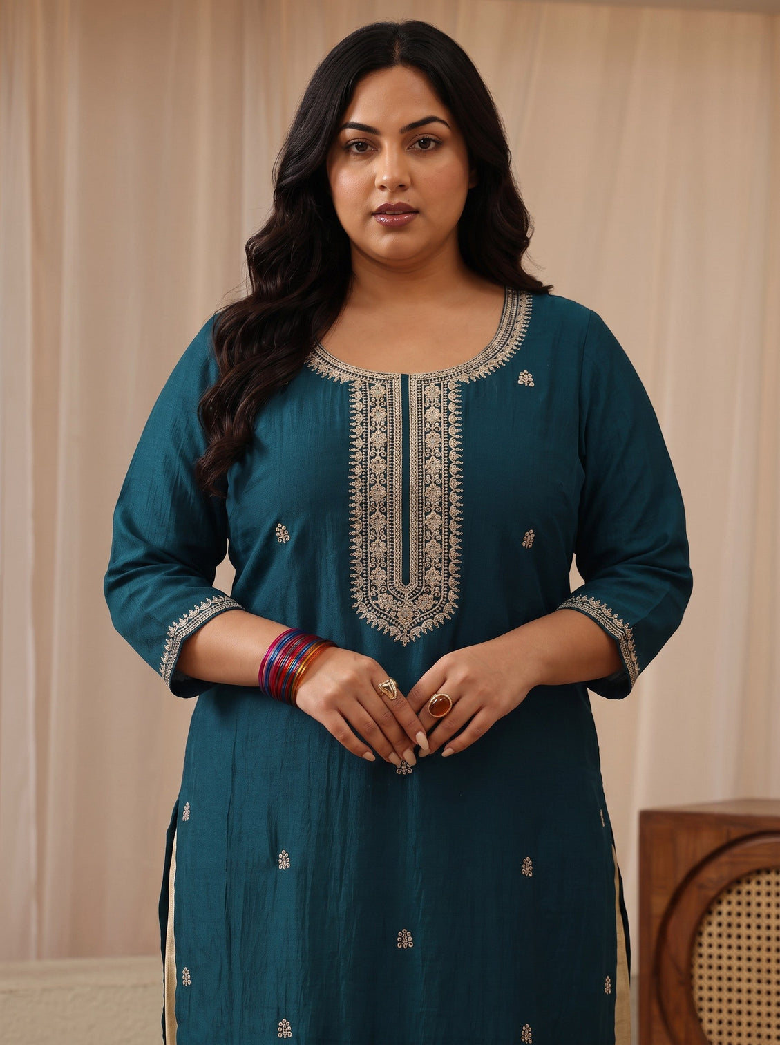 Plus Size Teal Green Embroidered Silk Blend Straight Kurta