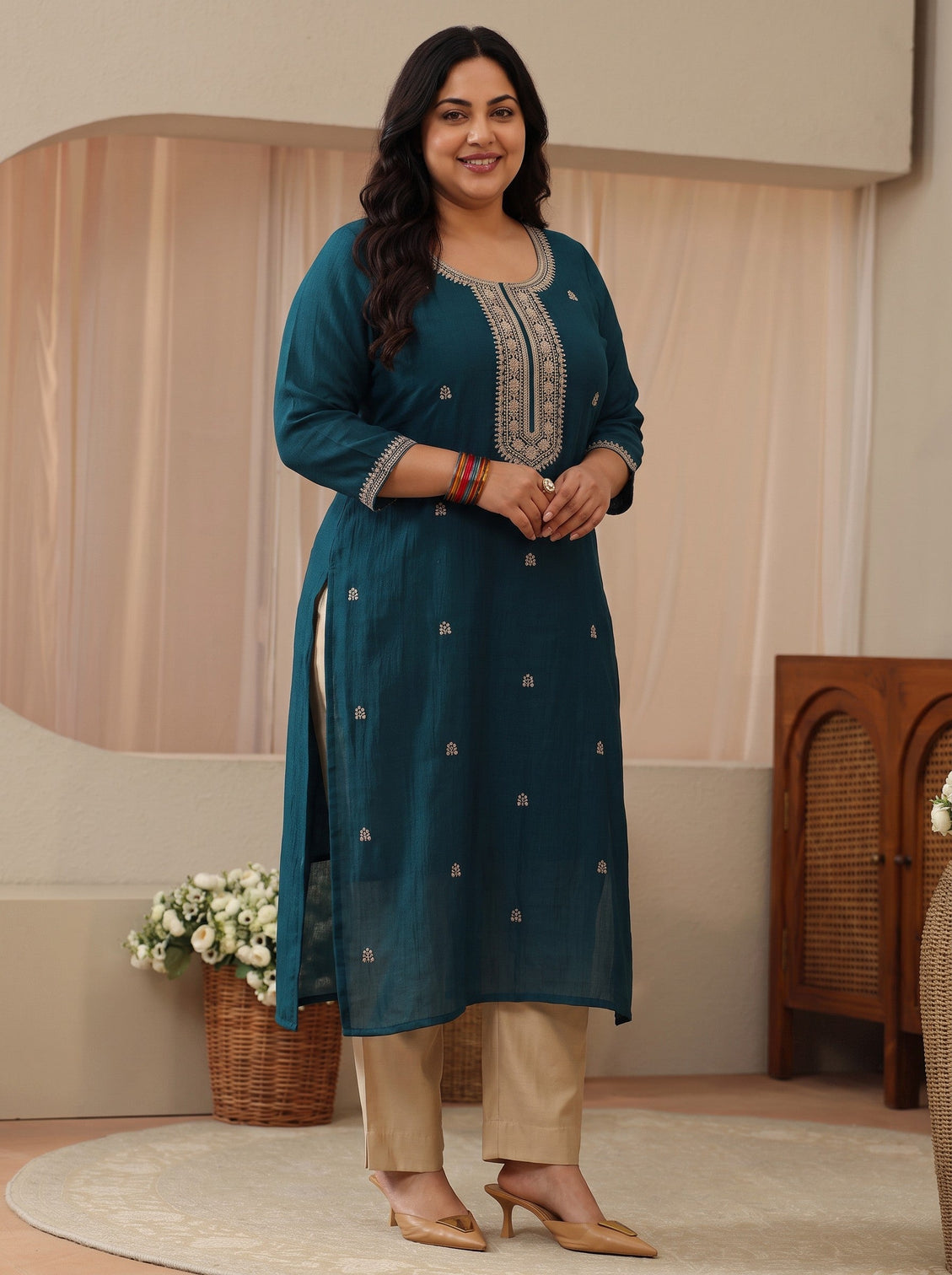 Plus Size Teal Green Embroidered Silk Blend Straight Kurta