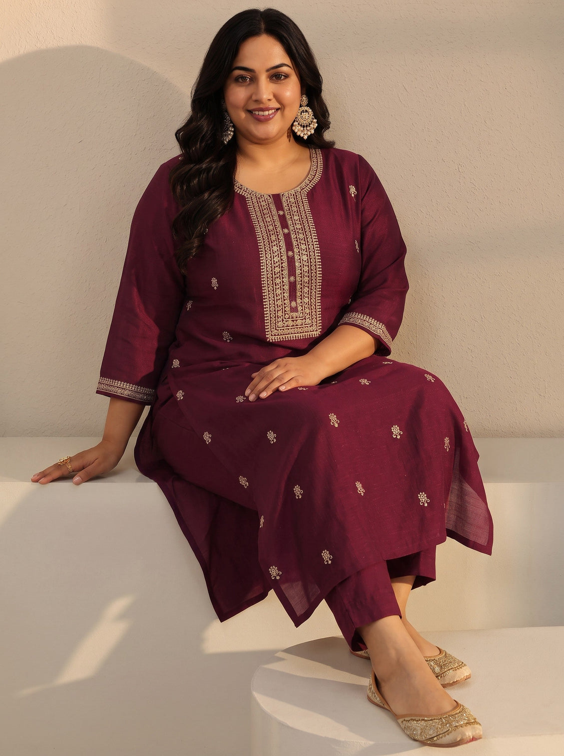 Plus Size Maroon Ethnic Embroidered Silk Blend Straight Kurta