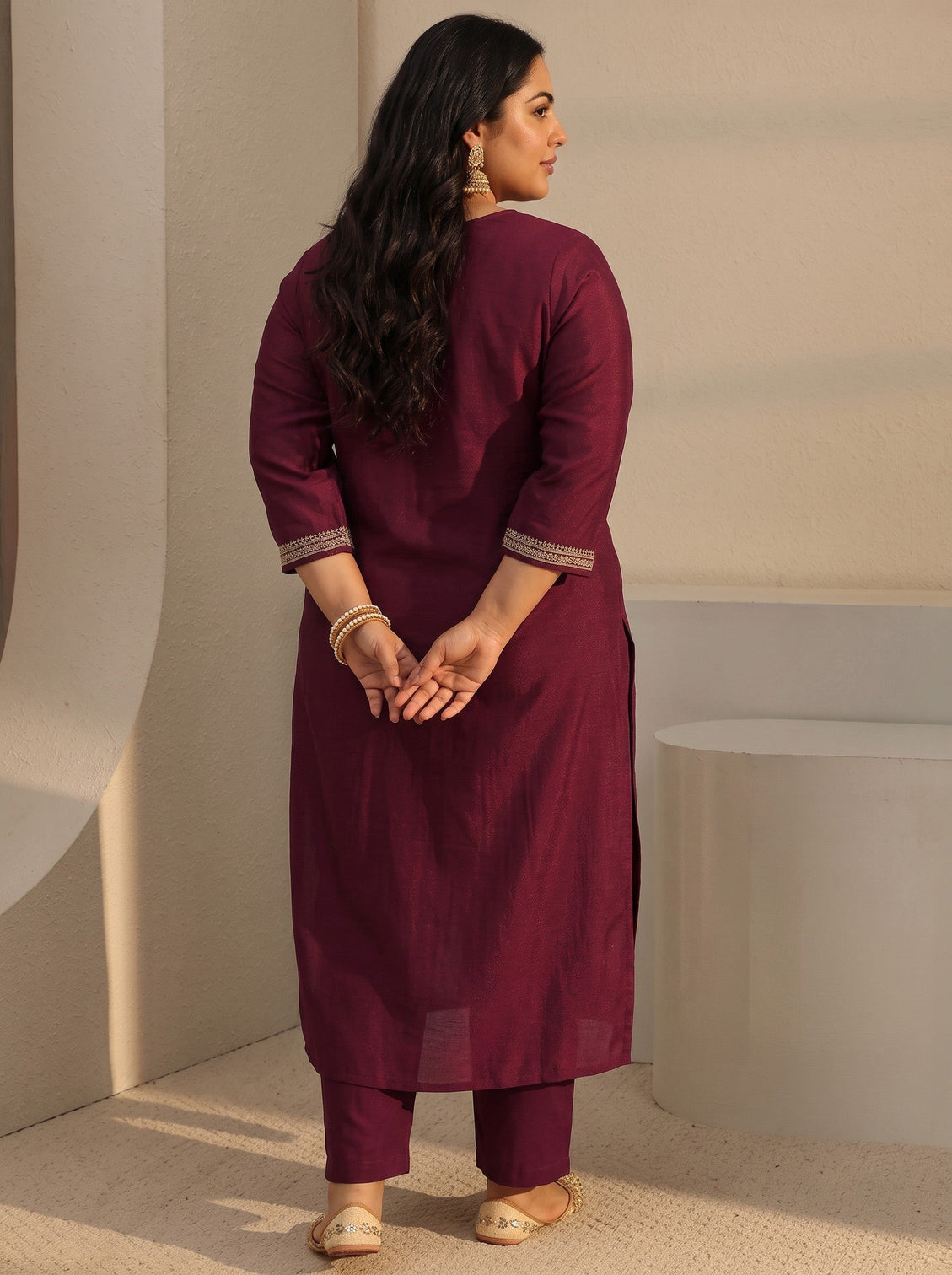 Plus Size Maroon Ethnic Embroidered Silk Blend Straight Kurta