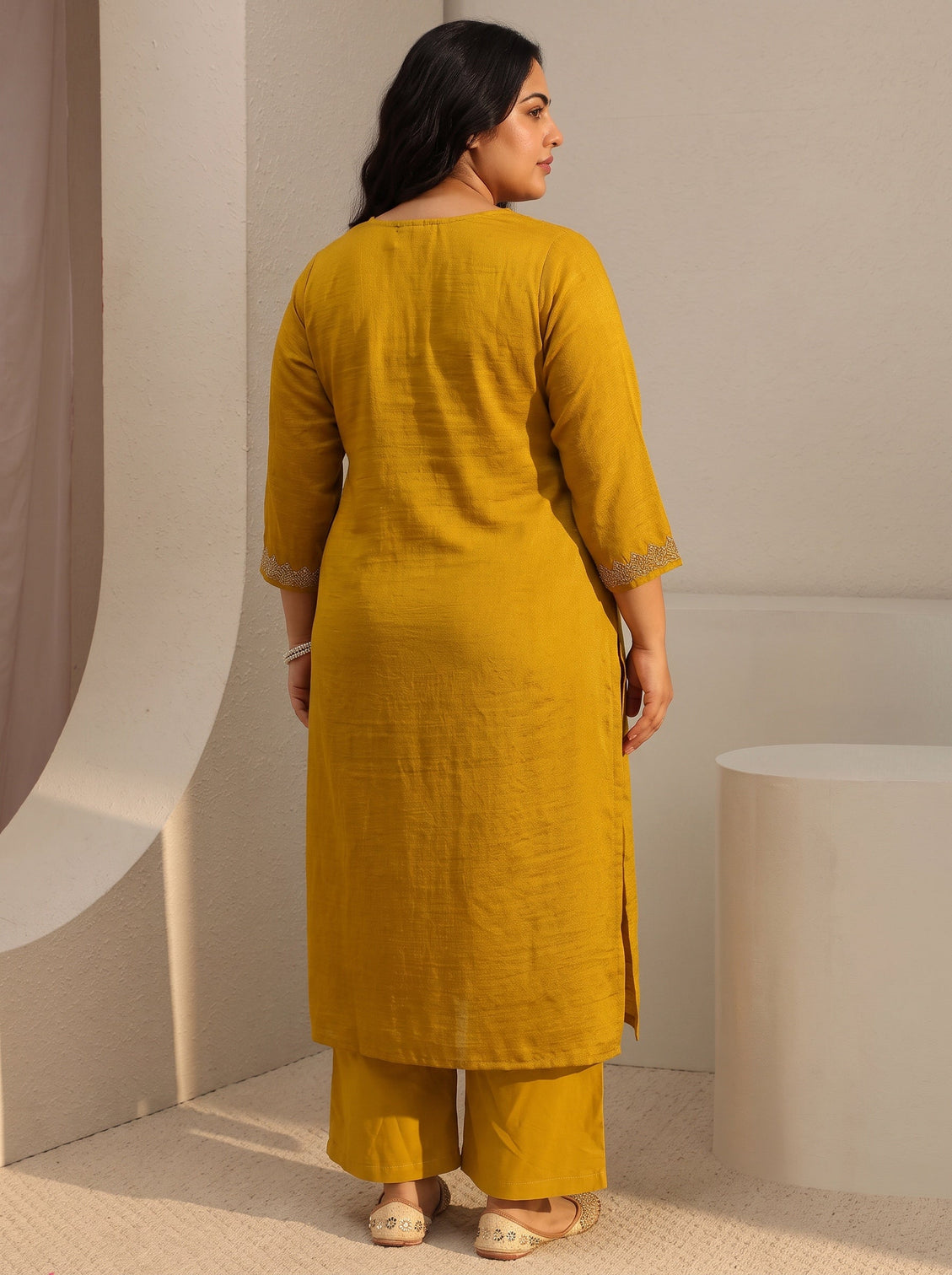 Plus Size Mustard Ethnic Embroidered Silk Blend Straight Kurta