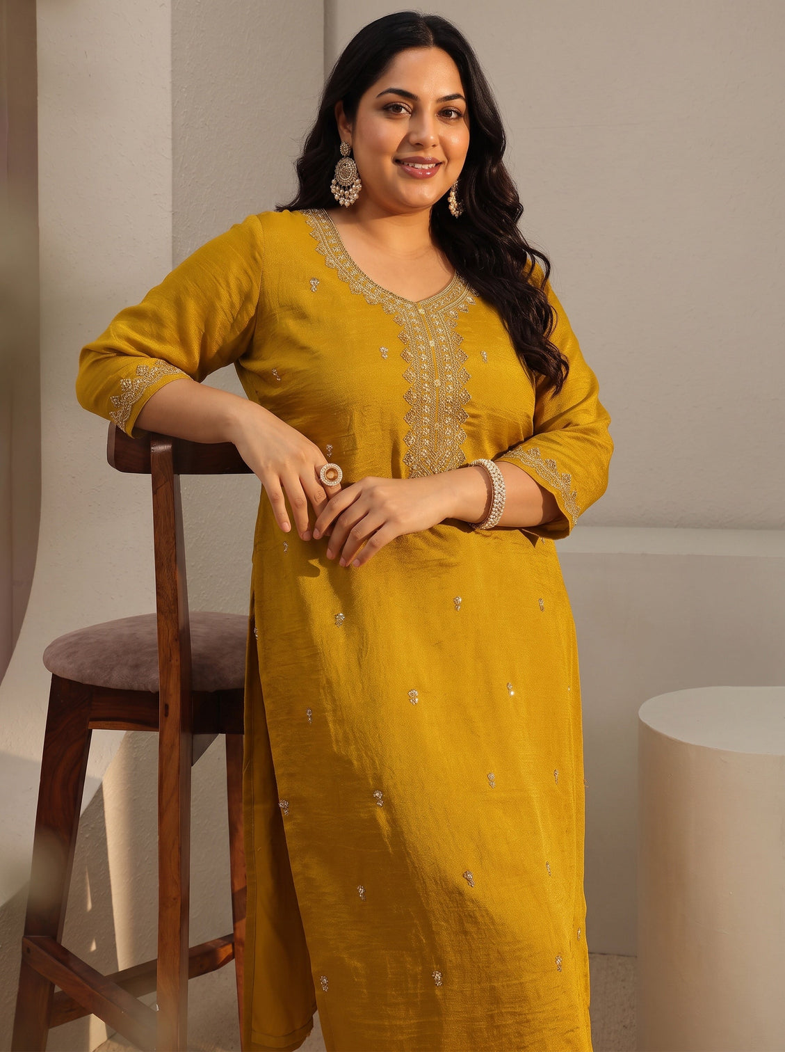 Plus Size Mustard Ethnic Embroidered Silk Blend Straight Kurta