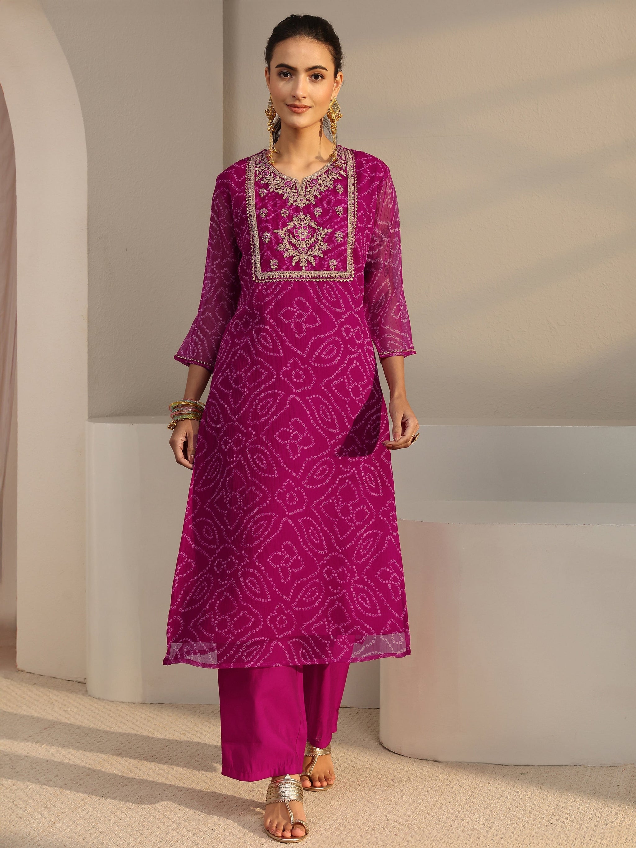 Libas Pink Bandhani Printed Chiffon Straight Kurta