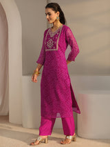 Libas Pink Bandhani Printed Chiffon Straight Kurta