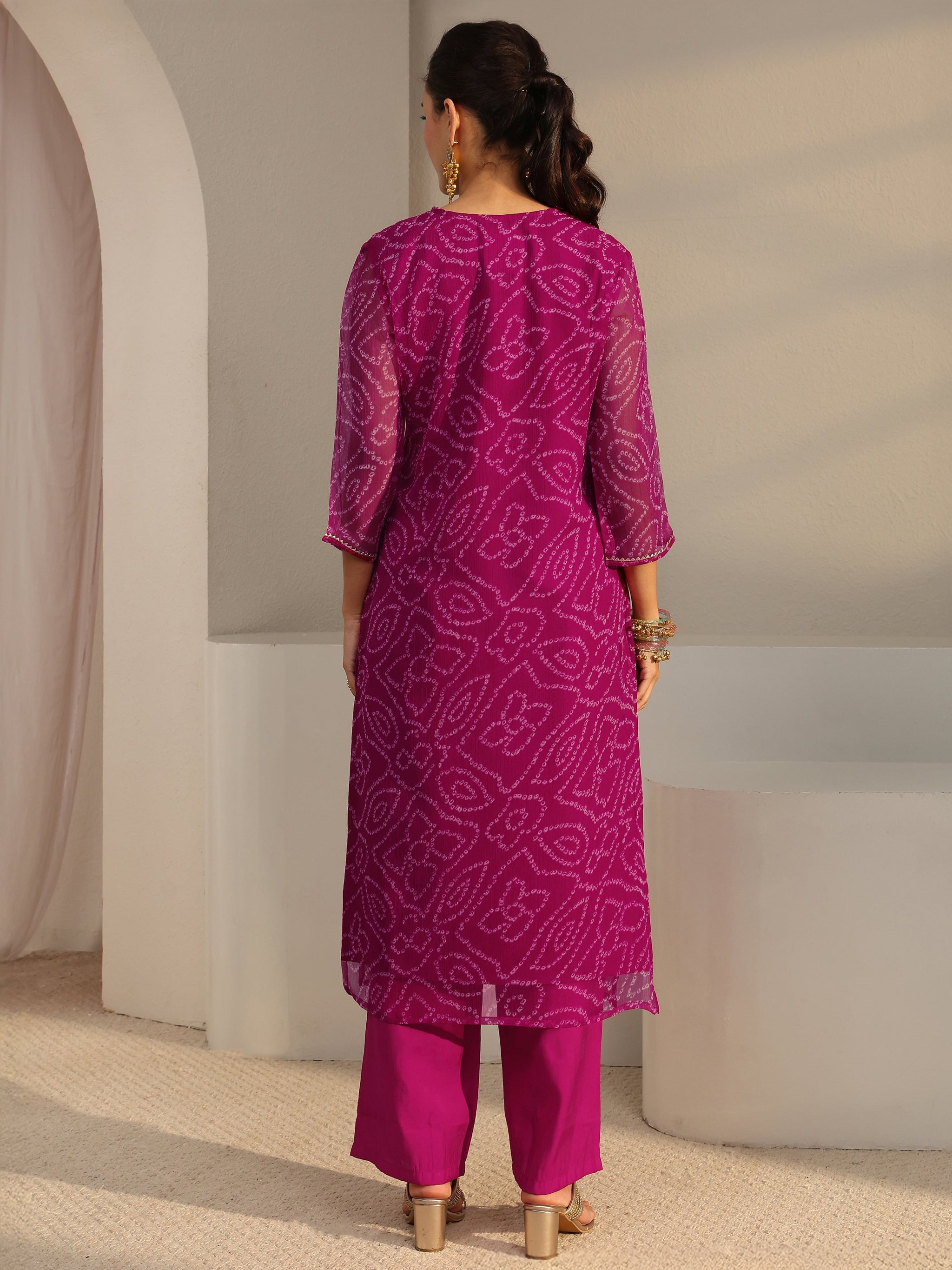 Libas Pink Bandhani Printed Chiffon Straight Kurta