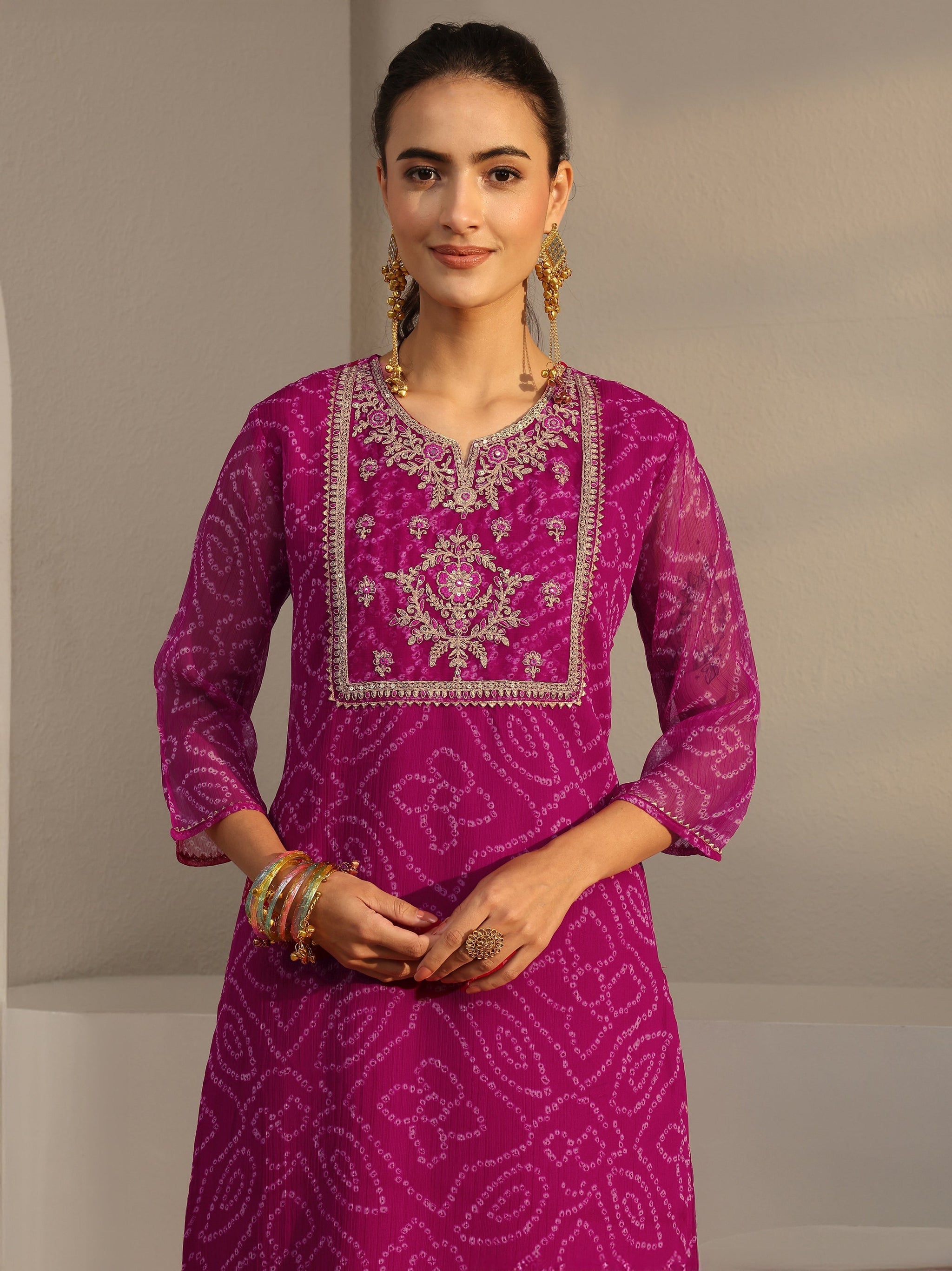 Libas Pink Bandhani Printed Chiffon Straight Kurta