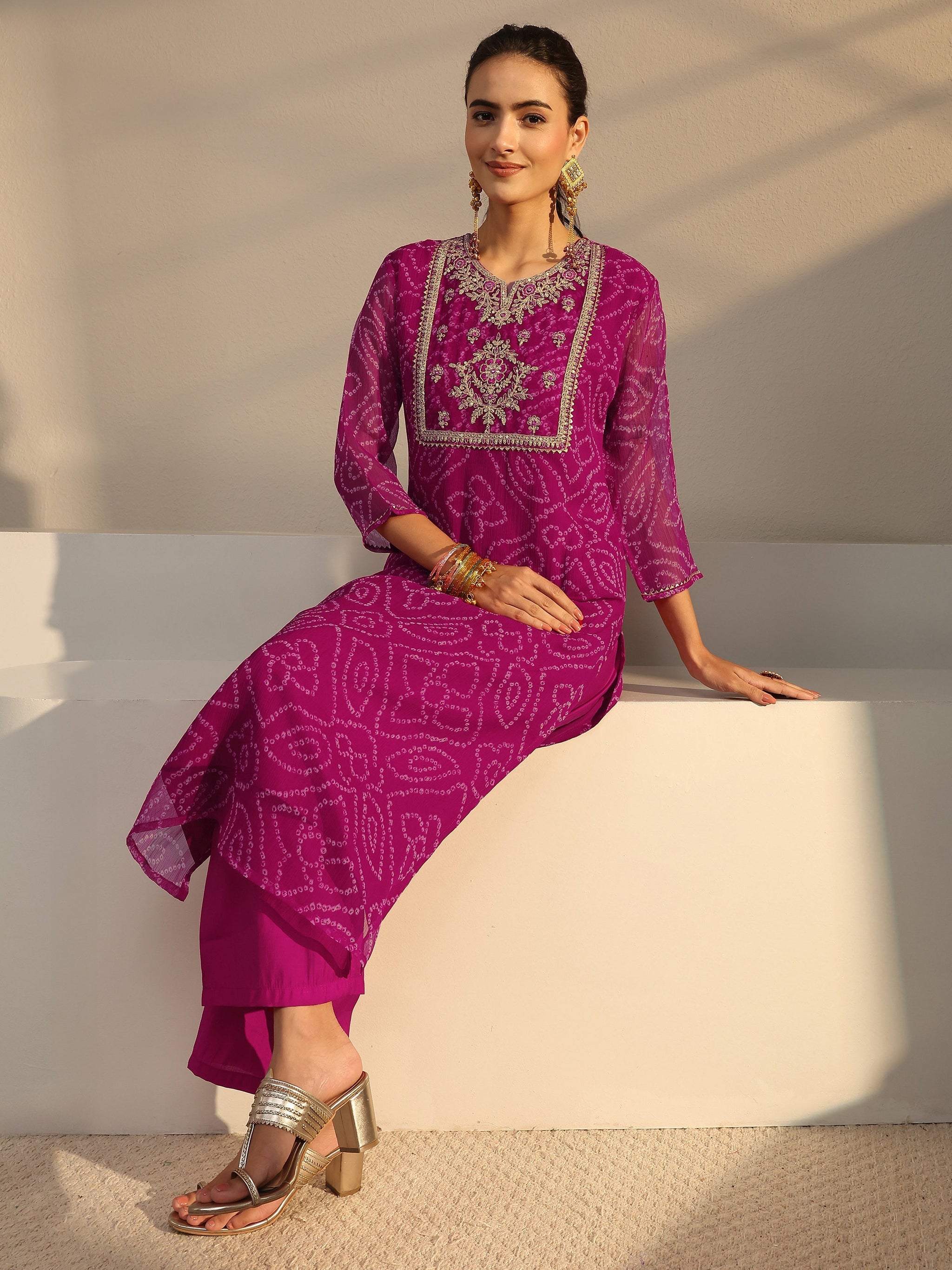 Libas Pink Bandhani Printed Chiffon Straight Kurta