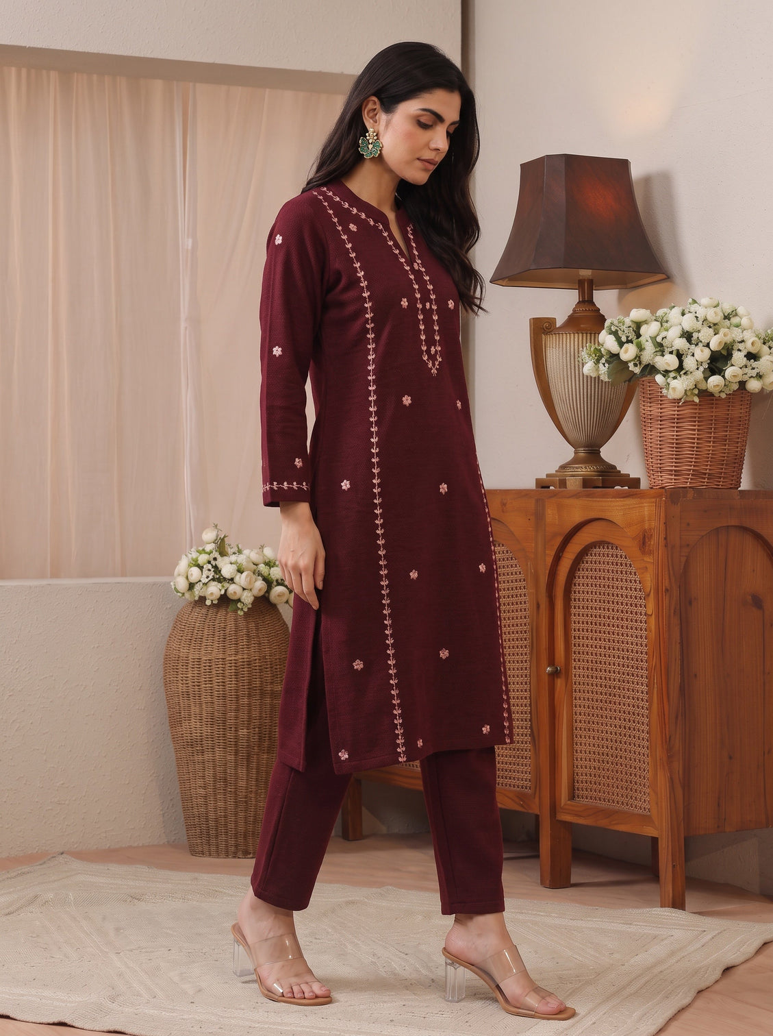 Mameraa Maroon Floral Embroidered Wool Straight Kurta