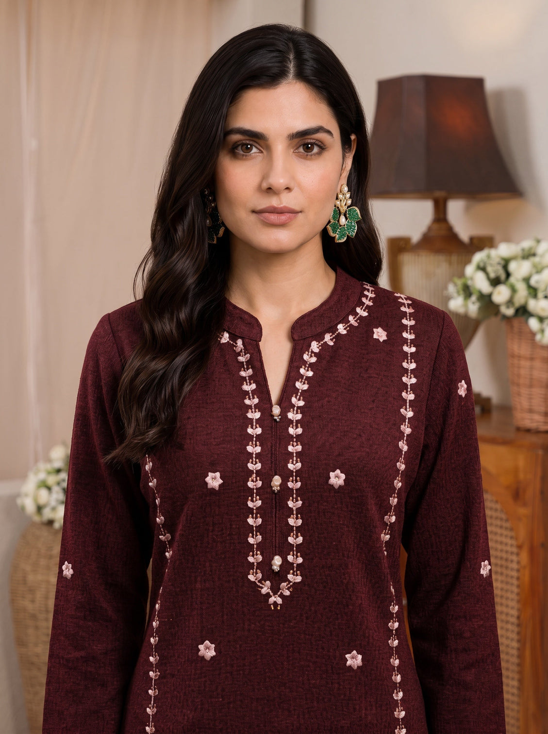 Mameraa Maroon Floral Embroidered Wool Straight Kurta