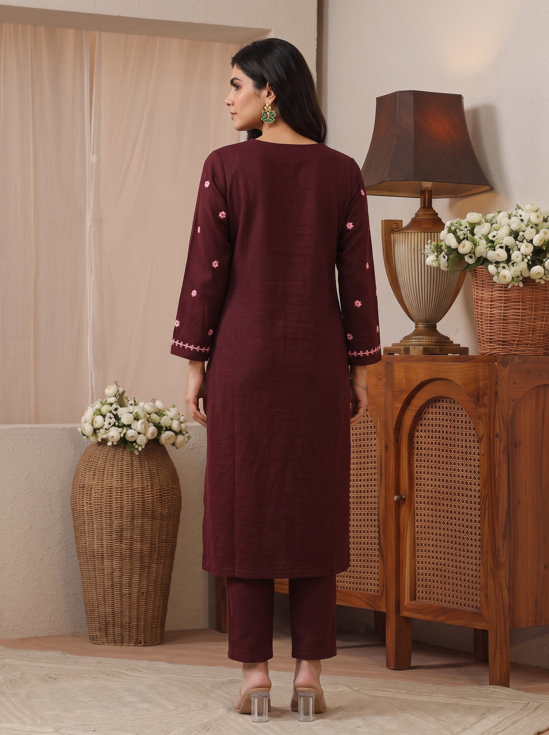 Mameraa Maroon Floral Embroidered Wool Straight Kurta