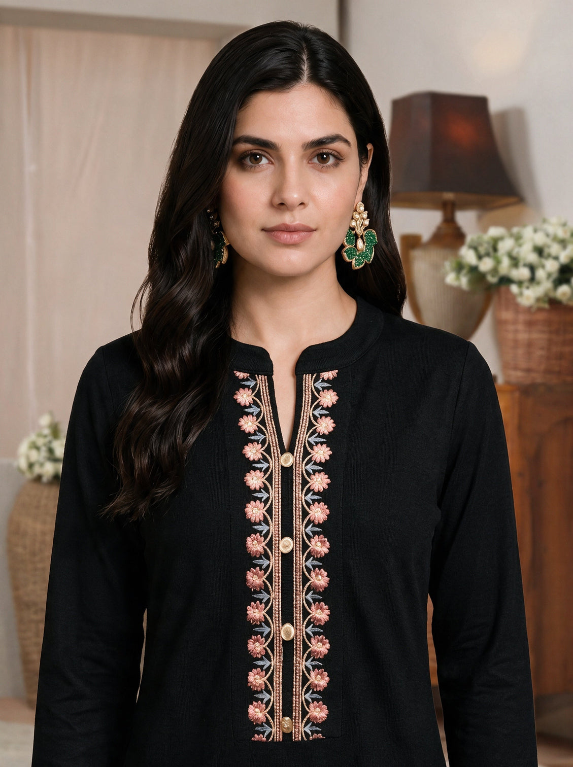 Mameraa Black Floral Yoke Embroidered Straight Kurta With Pockets