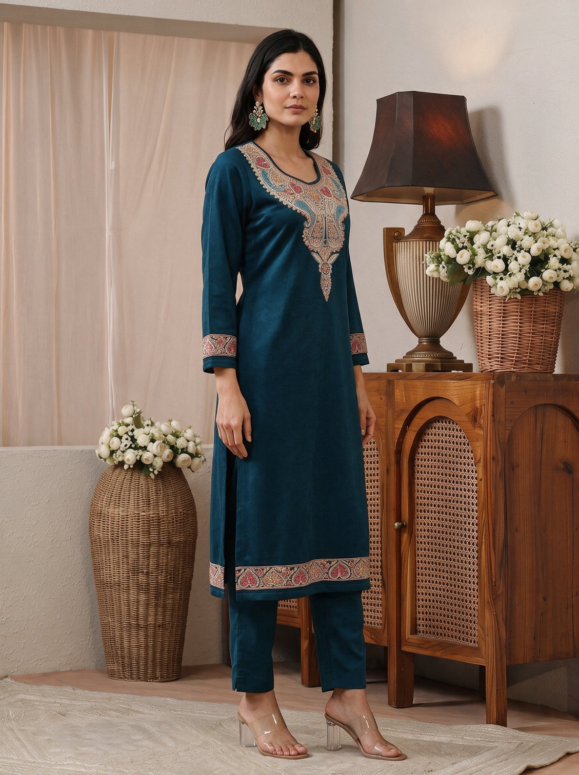 Mameraa Teal Floral yoke Embroidered Straight Kurta