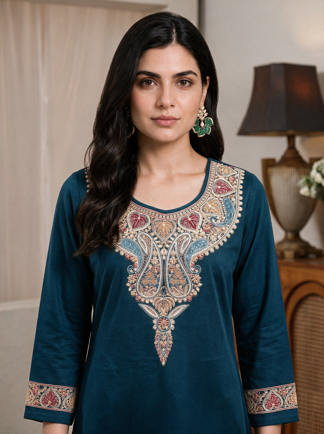 Mameraa Teal Floral yoke Embroidered Straight Kurta