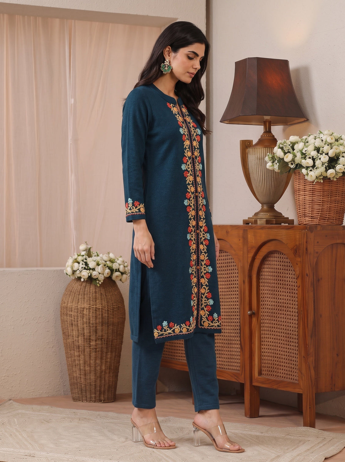 Mameraa Deep Teal Blue Floral Embroidered Wool Straight Kurta