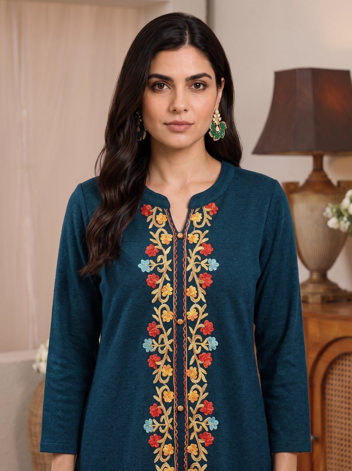 Mameraa Deep Teal Blue Floral Embroidered Wool Straight Kurta