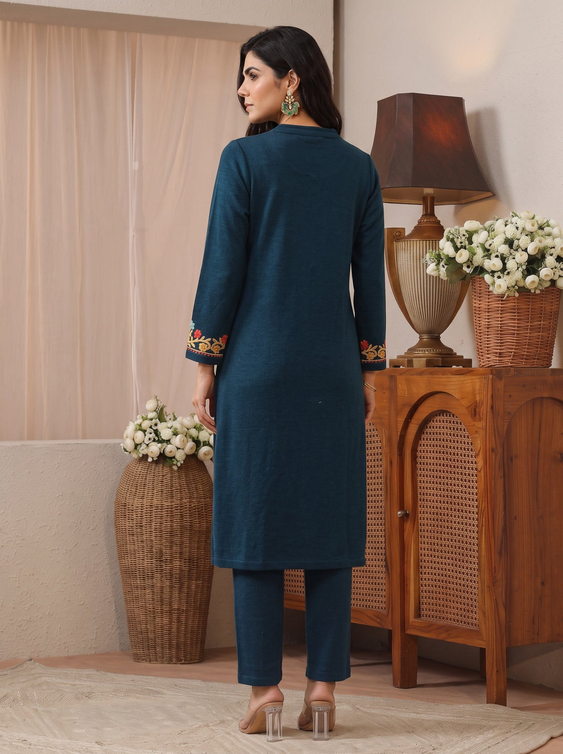 Mameraa Deep Teal Blue Floral Embroidered Wool Straight Kurta