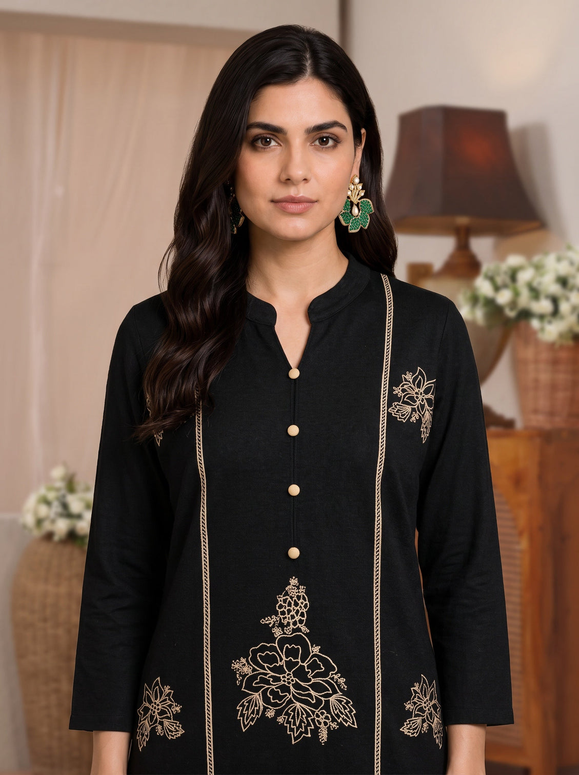 Mameraa Black Floral Embroidered Wool Straight Kurta