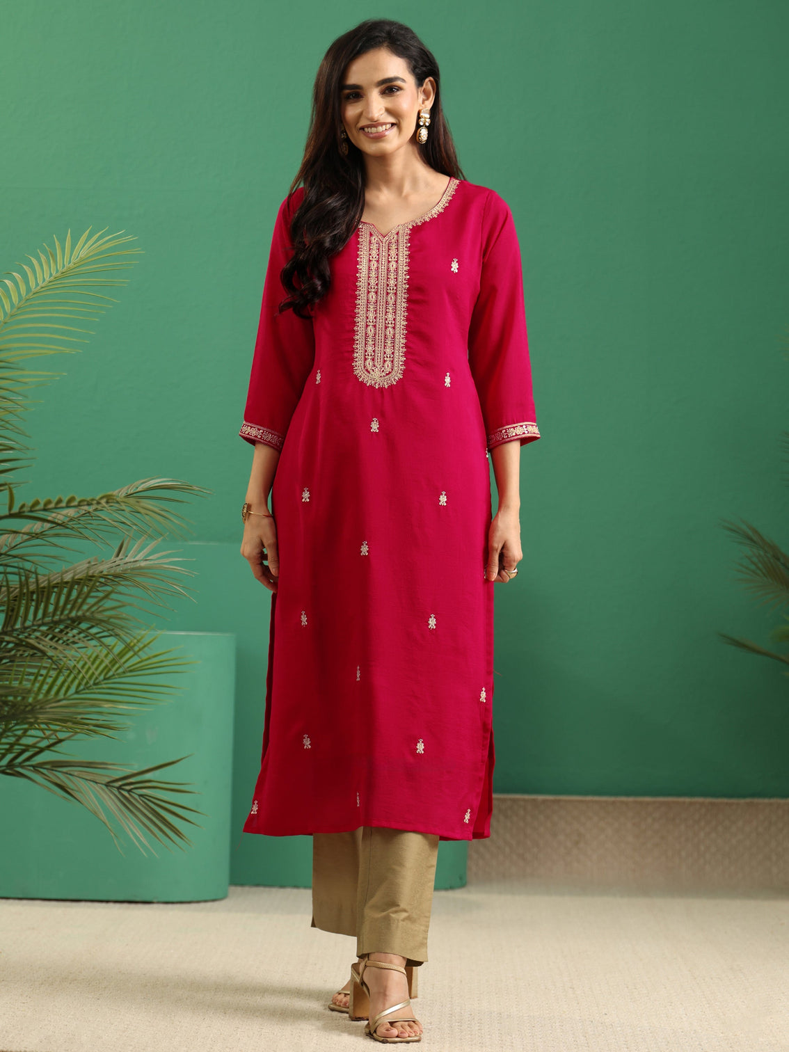 Mameraa Rose Red Yoke Embroidered Silk Blend Straight Kurta