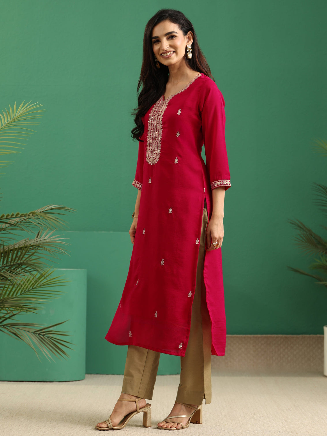 Mameraa Rose Red Yoke Embroidered Silk Blend Straight Kurta
