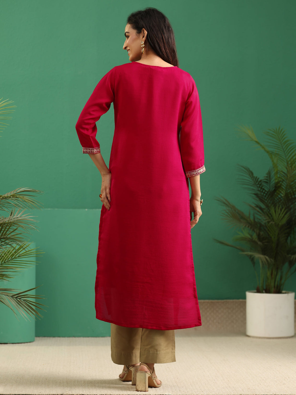 Mameraa Rose Red Yoke Embroidered Silk Blend Straight Kurta